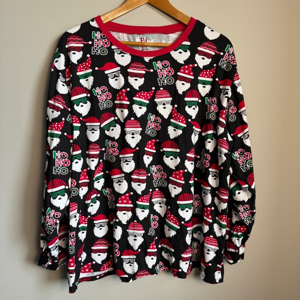 PJ Place Mens XXL Black Long Sleeve Santa‎ Claus Ho Ho Ho Christmas Pajama Top